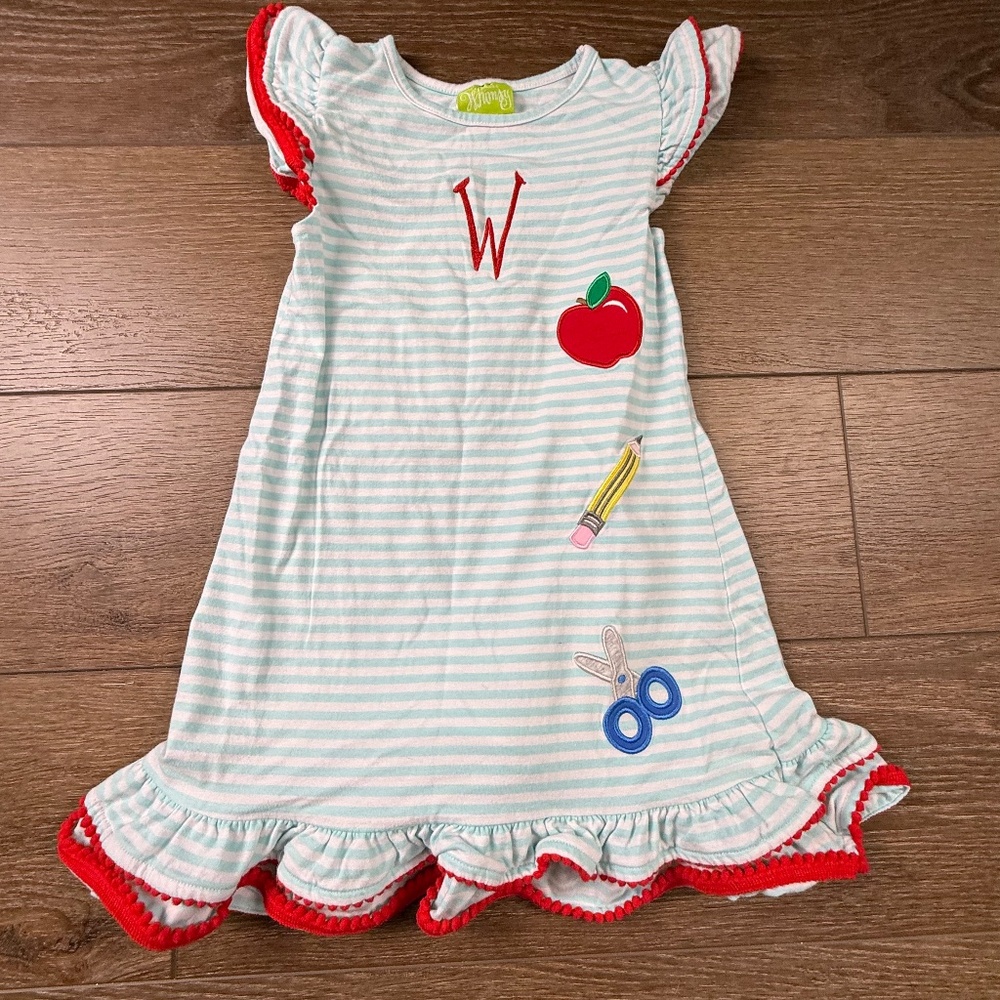 Classic Whimsy Girls Back to School Appliqué Dress "W", Striped, Preppy, Size 5